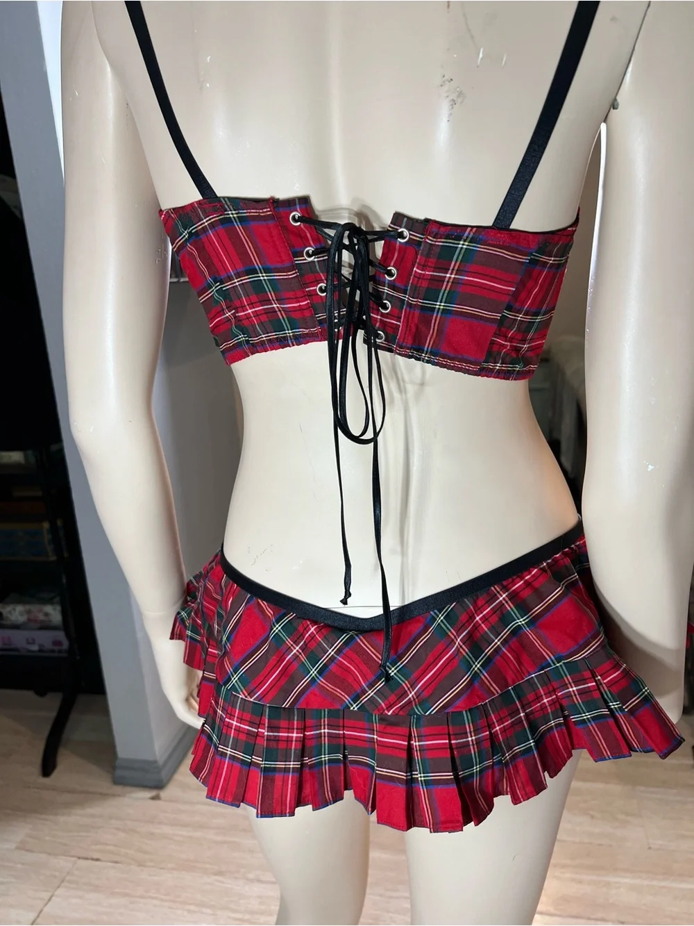 Frederick's of Hollywood Red Plaid Bustier Crop Top & Pleated Mini Skirt Set